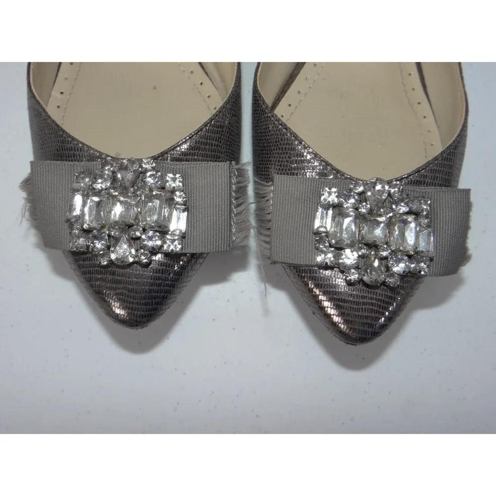 Adrienne Vittadini Womens Pewter Metallic Snakeskin Crystal Bow Flats Size 10